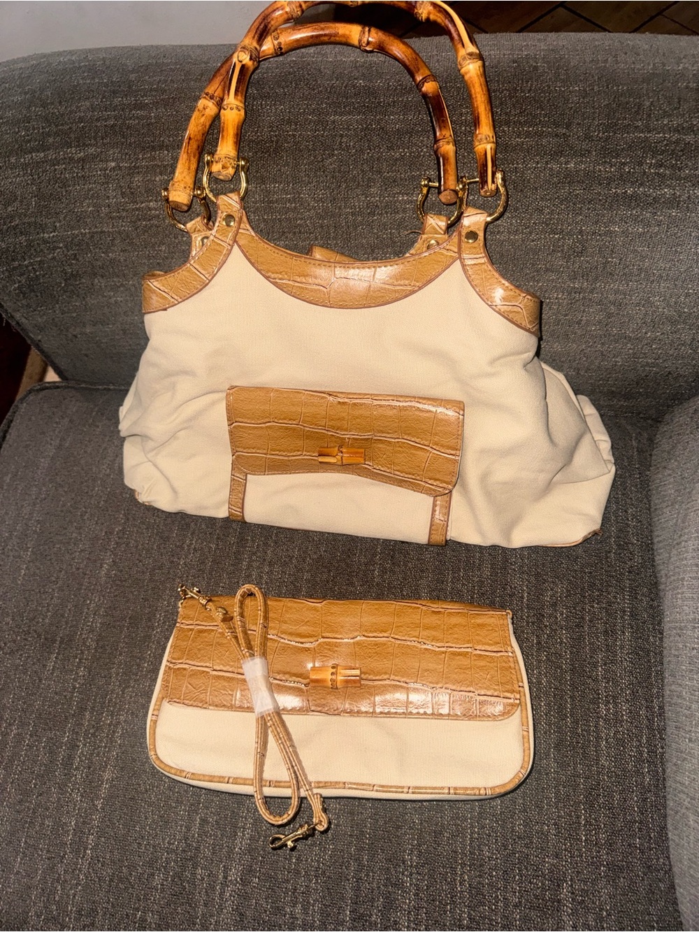 Cream and Tan Tote with Matching Clutch - Women Bags